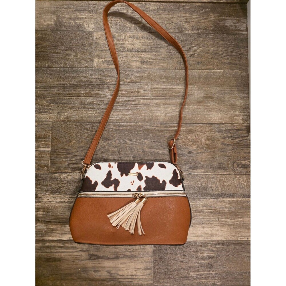 Tan and Cream Cowhide-Accent Crossbody Bag with Tassel